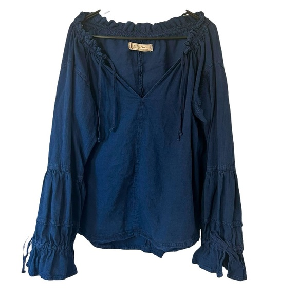 Free People We The Free Alpine Denim Boho Top With Ties Size Small Oversized - Picture 1 of 5